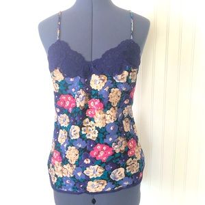Vintage Floral Camisole Slip Top Purple Lace Satin Rosette Romantic Lingerie Med